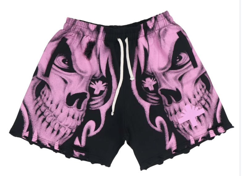 Vertabrae Pink Skull Storm Distressed Black Shorts