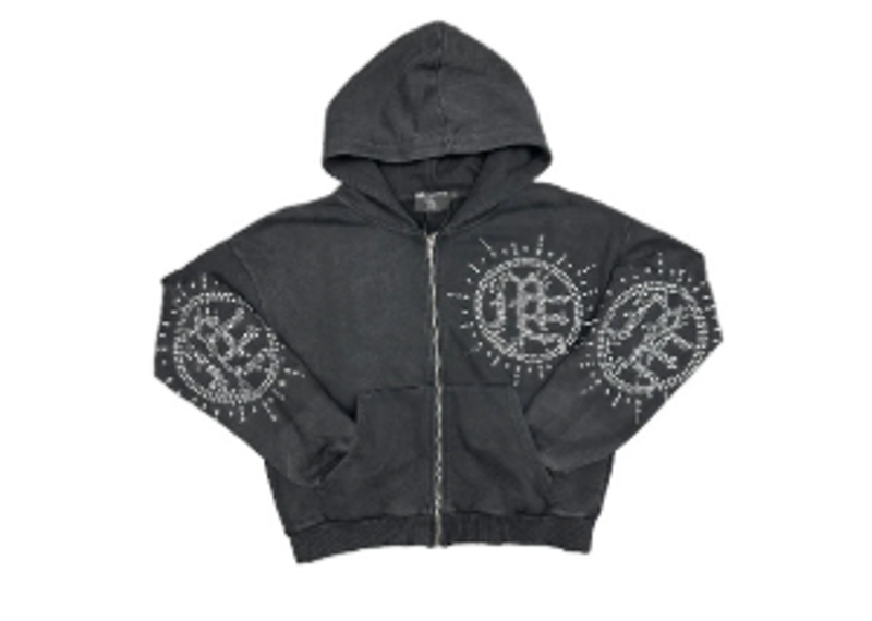 Mixed Emotion Eclipse Grey Acid Wash Rhinestone Hoodie