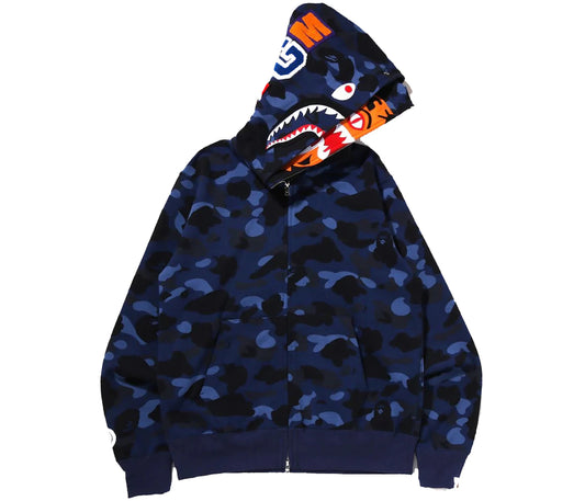 BAPE Color Camo Tiger Shark Wide Full Zip Double Hoodie (SS22) Navy