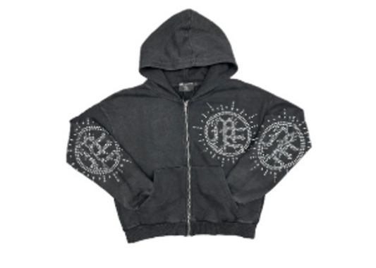 Mixed Emotion Eclipse Grey Acid Wash Rhinestone Hoodie