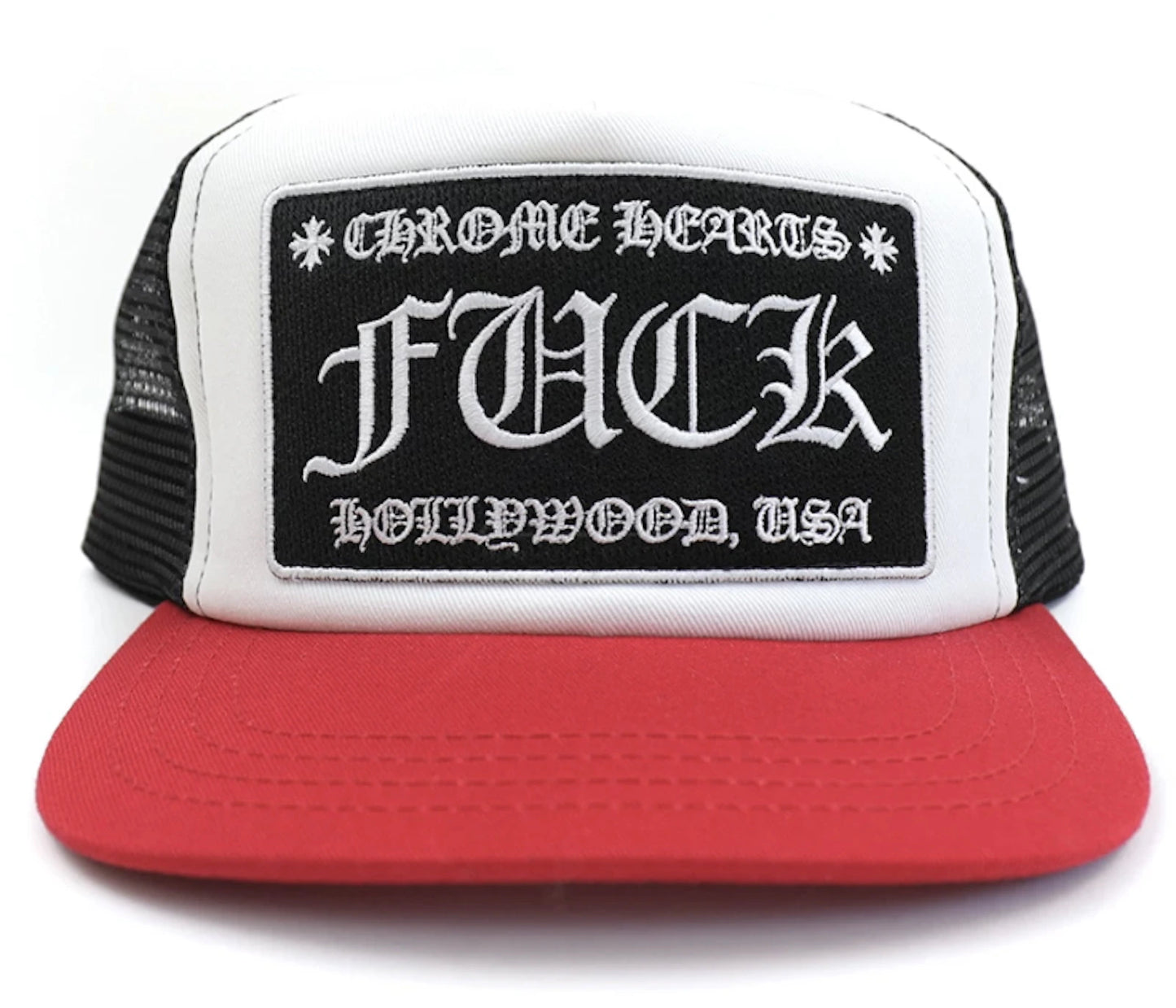 Chrome Hearts FUCK Hollywood Trucker Hat Red/Black/White